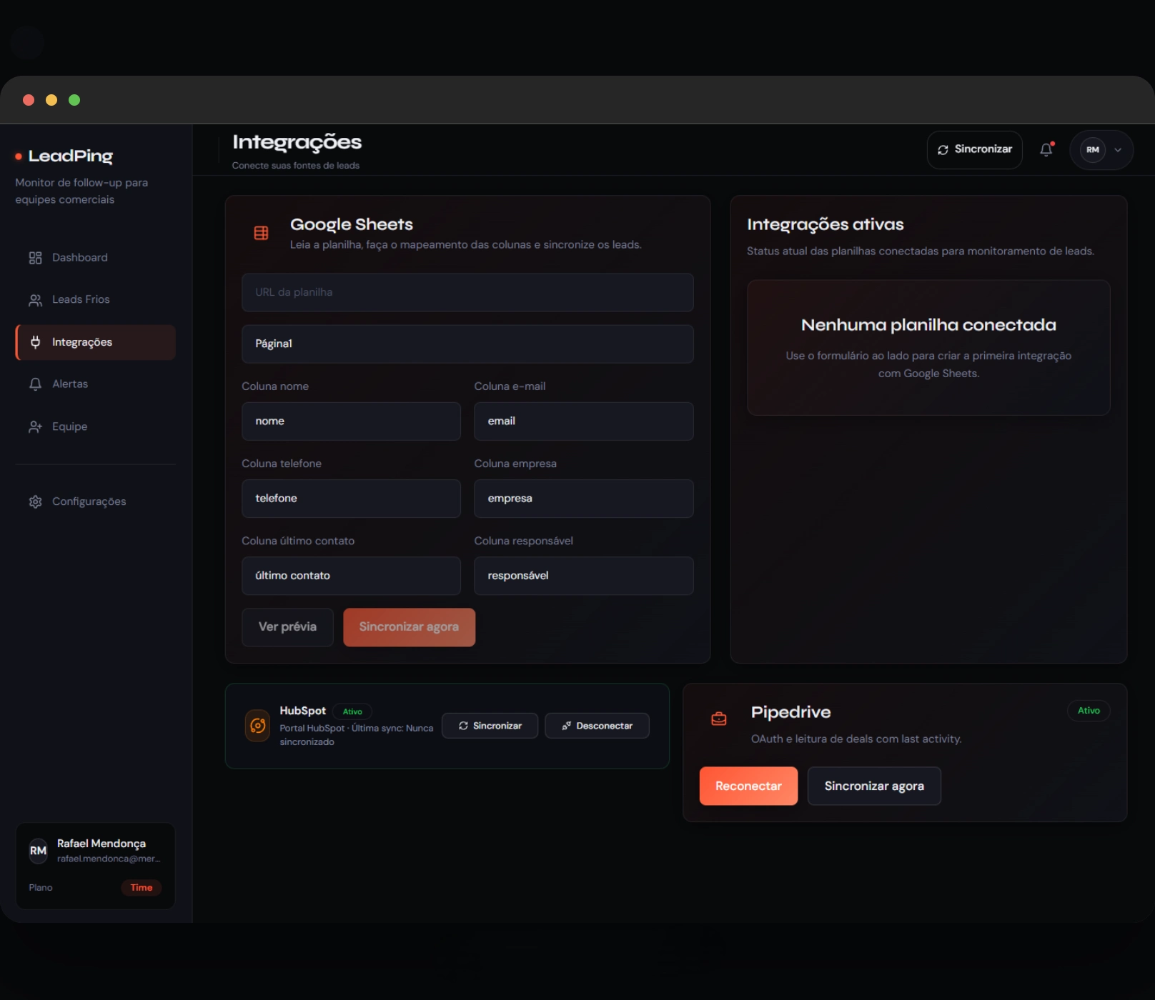 Tela de integrações do LeadPing com Pipedrive e HubSpot